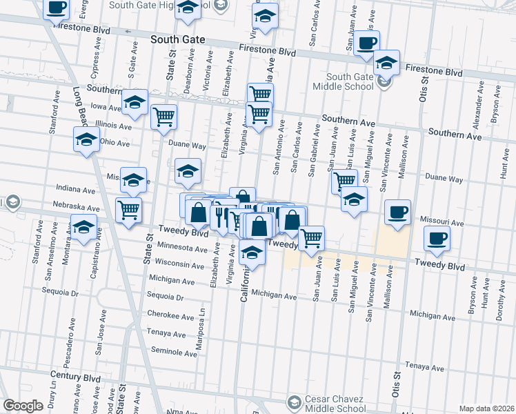 map of restaurants, bars, coffee shops, grocery stores, and more near 9645 California Avenue in South Gate