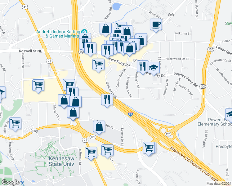 map of restaurants, bars, coffee shops, grocery stores, and more near 235 Charles Avenue Southeast in Marietta