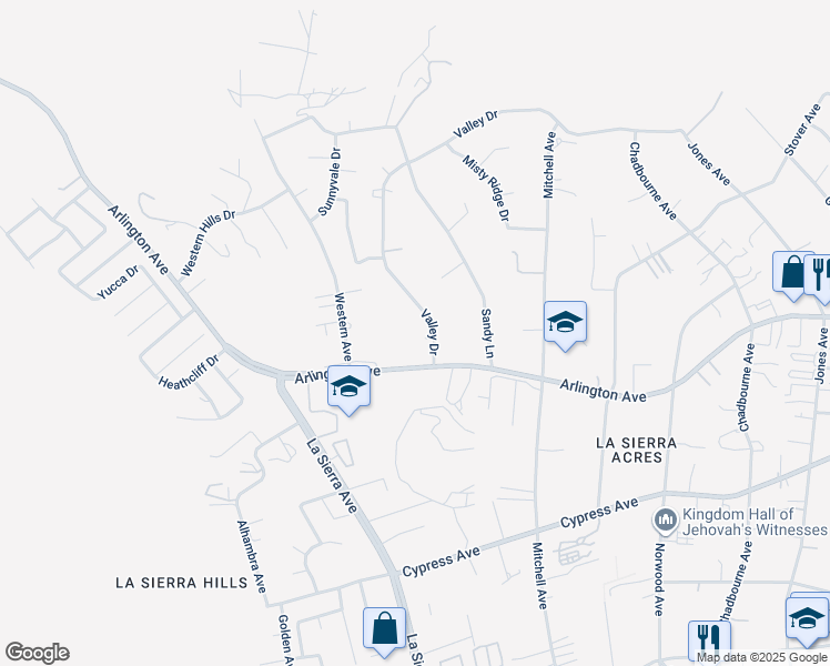 map of restaurants, bars, coffee shops, grocery stores, and more near 6452 Valley Drive in Riverside