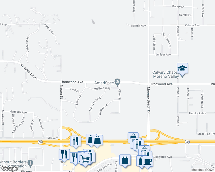map of restaurants, bars, coffee shops, grocery stores, and more near 27400 Walfred Way in Moreno Valley