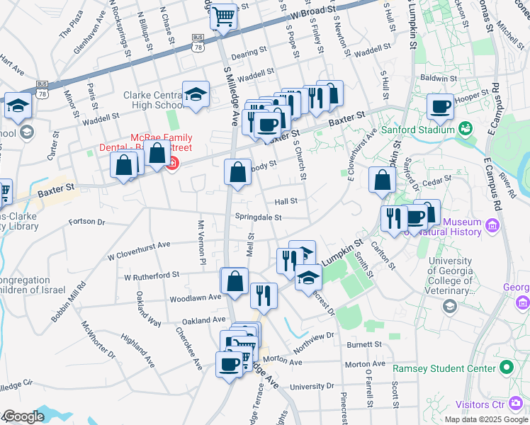 map of restaurants, bars, coffee shops, grocery stores, and more near 120 Hall Street in Athens