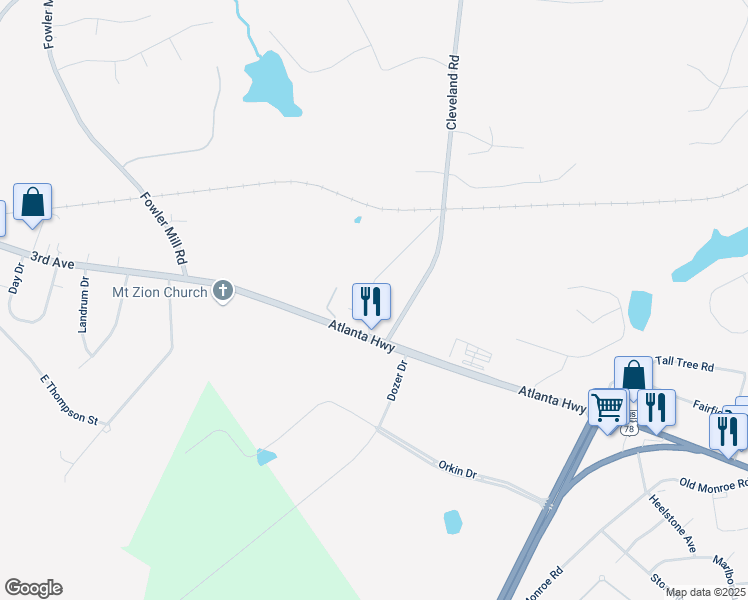 map of restaurants, bars, coffee shops, grocery stores, and more near 140 Old Cleveland Road in Bogart