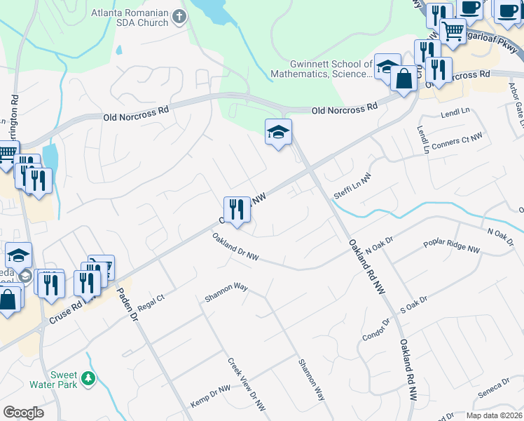 map of restaurants, bars, coffee shops, grocery stores, and more near 2202 Cruse Road Northwest in Lawrenceville