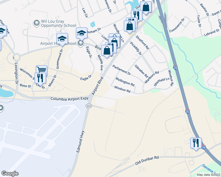 map of restaurants, bars, coffee shops, grocery stores, and more near 1898 Windsor Drive in Cayce