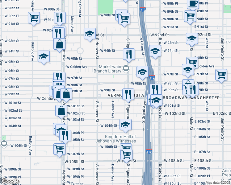 map of restaurants, bars, coffee shops, grocery stores, and more near 552 West 99th Street in Los Angeles