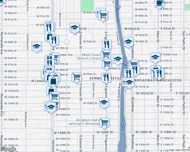 map of restaurants, bars, coffee shops, grocery stores, and more near 556 West 99th Street in Los Angeles