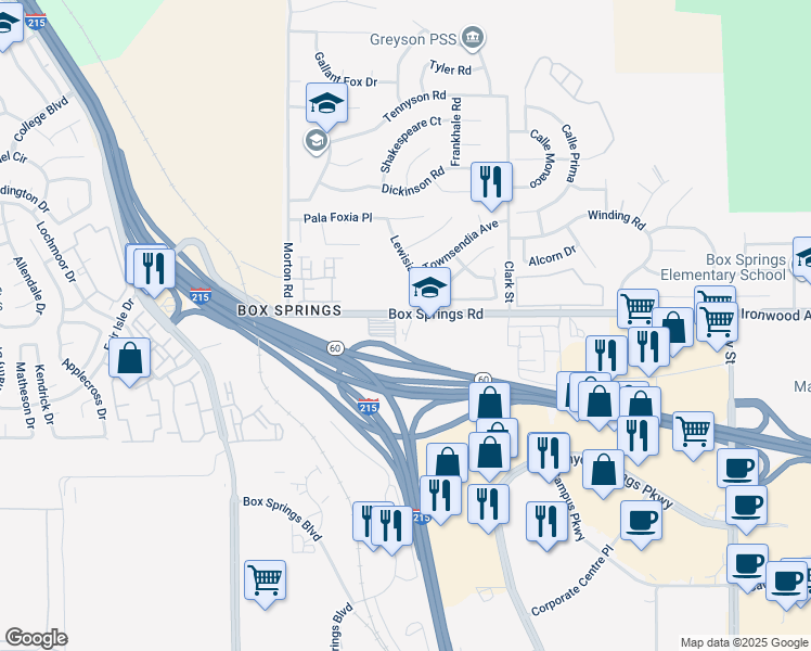 map of restaurants, bars, coffee shops, grocery stores, and more near 21320 Box Springs Road in Moreno Valley
