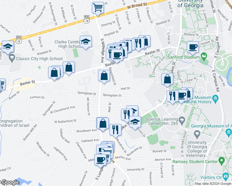 map of restaurants, bars, coffee shops, grocery stores, and more near 380 Bloomfield Street in Athens