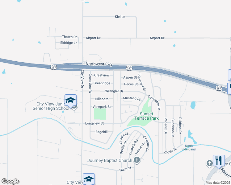 map of restaurants, bars, coffee shops, grocery stores, and more near 4205 Wrangler Drive in Wichita Falls