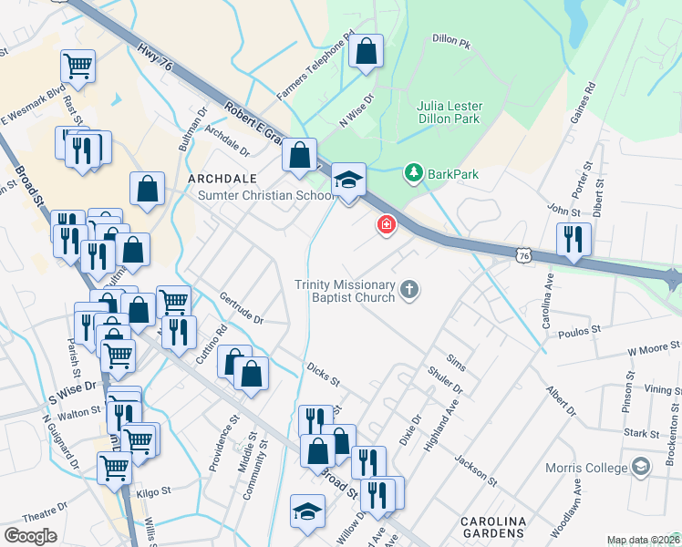 map of restaurants, bars, coffee shops, grocery stores, and more near 400 South Pike West in Sumter
