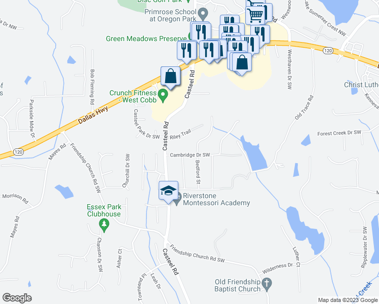 map of restaurants, bars, coffee shops, grocery stores, and more near 3762 Cambridge Drive Southwest in Marietta