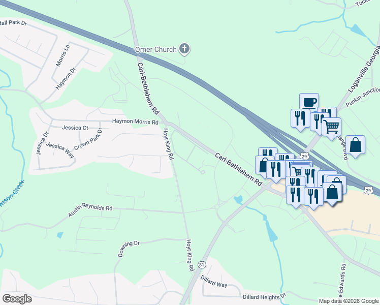 map of restaurants, bars, coffee shops, grocery stores, and more near 654 Carl-Bethlehem Road in Bethlehem