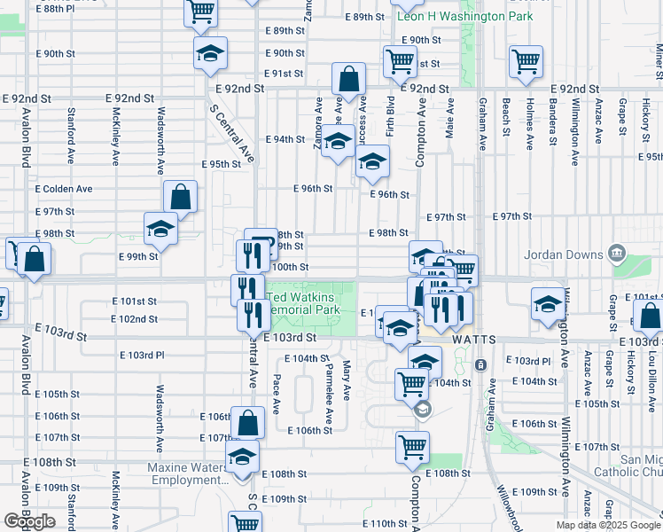 map of restaurants, bars, coffee shops, grocery stores, and more near 1315 East 100th Street in Los Angeles