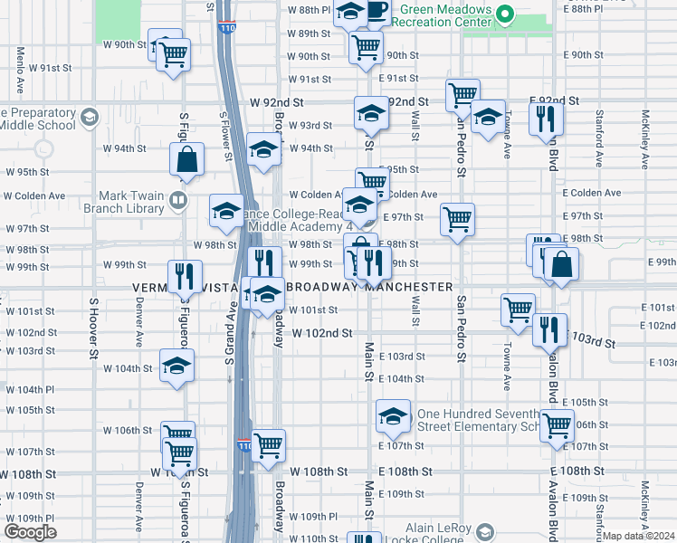 map of restaurants, bars, coffee shops, grocery stores, and more near West 99th Street in Los Angeles