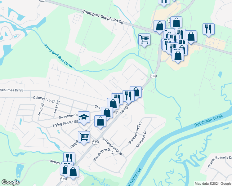 map of restaurants, bars, coffee shops, grocery stores, and more near 4856 Coastal Drive Southeast in Southport
