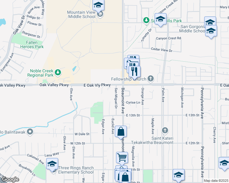 map of restaurants, bars, coffee shops, grocery stores, and more near 1373 San Miguel Drive in Beaumont