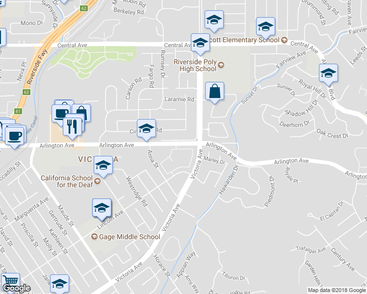 map of restaurants, bars, coffee shops, grocery stores, and more near 5818 Maybrook Circle in Riverside