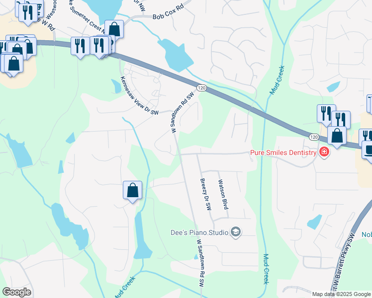 map of restaurants, bars, coffee shops, grocery stores, and more near 3055 Old Dallas Road Southwest in Marietta