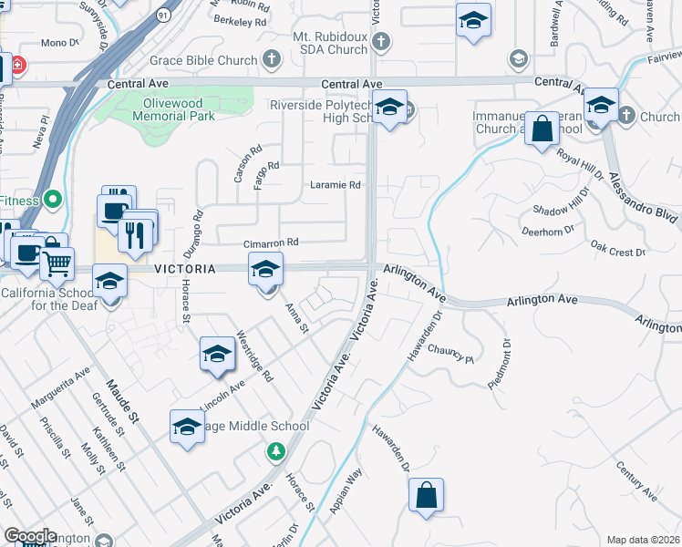 map of restaurants, bars, coffee shops, grocery stores, and more near 5818 Maybrook Circle in Riverside