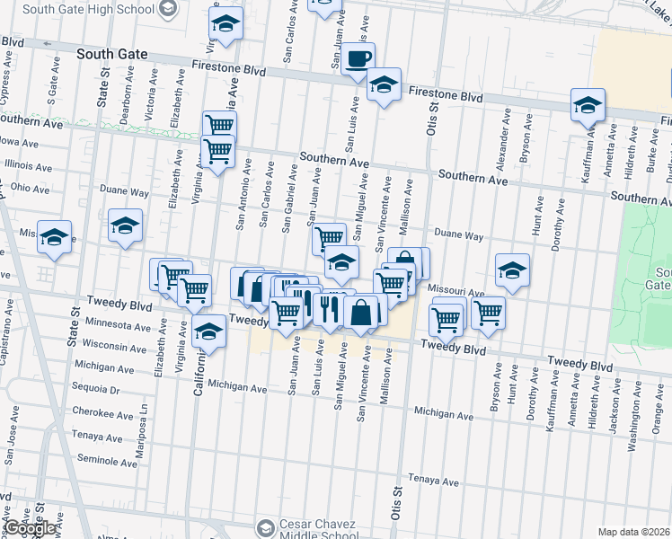 map of restaurants, bars, coffee shops, grocery stores, and more near in South Gate