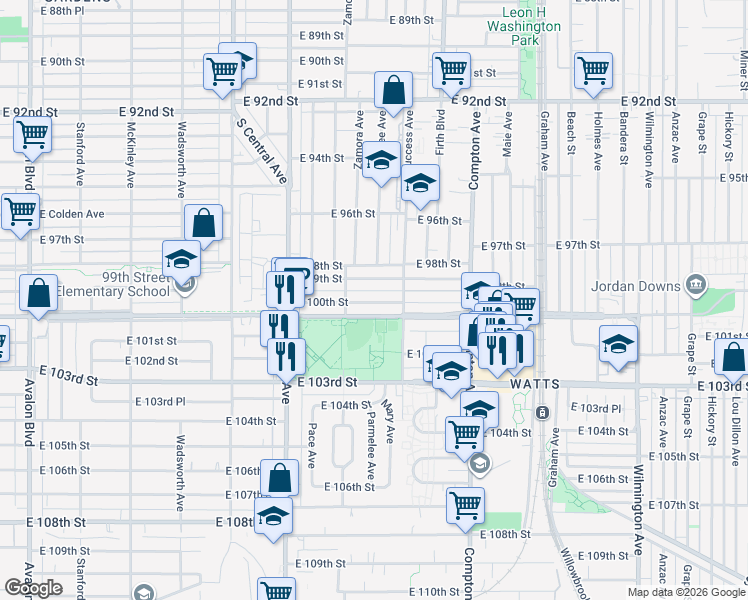 map of restaurants, bars, coffee shops, grocery stores, and more near 1315 East 100th Street in Los Angeles