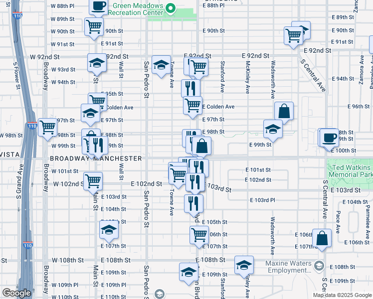 map of restaurants, bars, coffee shops, grocery stores, and more near 432 East 99th Street in Los Angeles