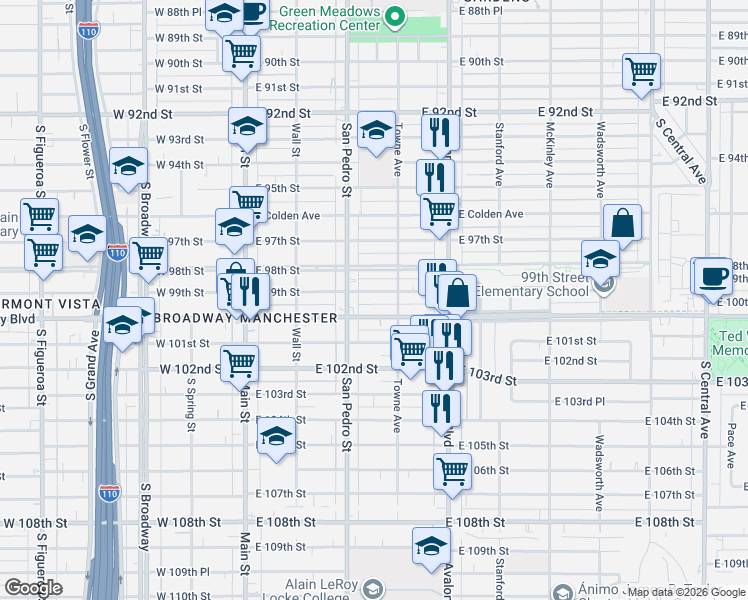 map of restaurants, bars, coffee shops, grocery stores, and more near 321 East 99th Street in Los Angeles