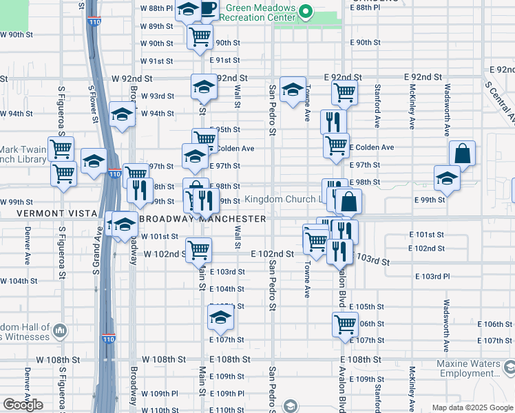 map of restaurants, bars, coffee shops, grocery stores, and more near 232 East 99th Street in Los Angeles