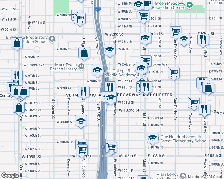 map of restaurants, bars, coffee shops, grocery stores, and more near 9824 South Broadway in Los Angeles