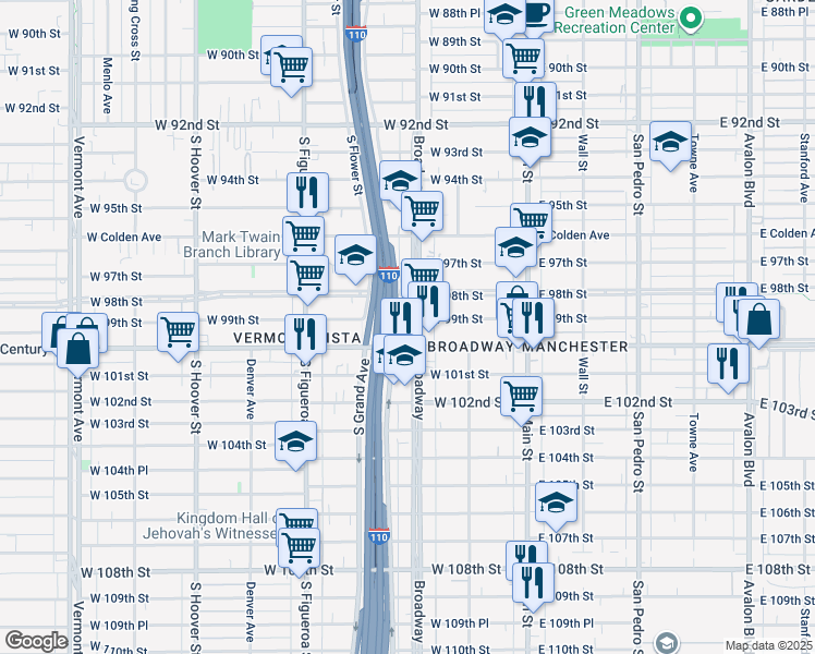 map of restaurants, bars, coffee shops, grocery stores, and more near 9824 South Broadway in Los Angeles