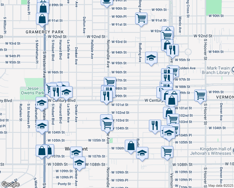 map of restaurants, bars, coffee shops, grocery stores, and more near 1326 West 98th Street in Los Angeles