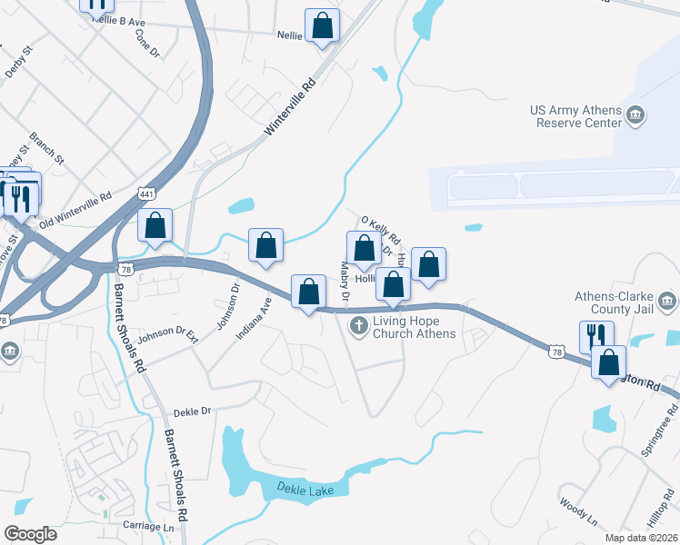 map of restaurants, bars, coffee shops, grocery stores, and more near 213 Mabry Drive in Athens