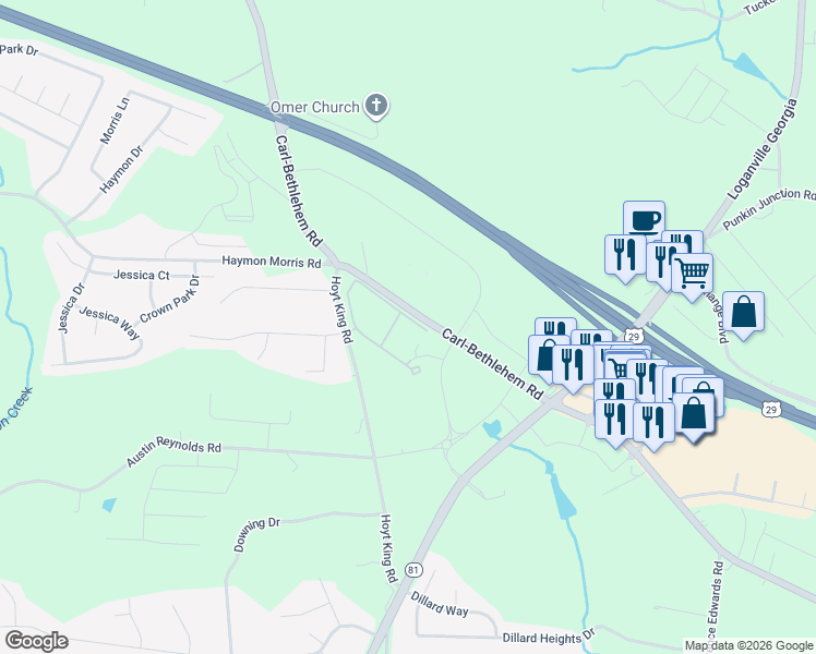 map of restaurants, bars, coffee shops, grocery stores, and more near 654 Carl-Bethlehem Road in Bethlehem
