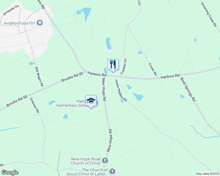 map of restaurants, bars, coffee shops, grocery stores, and more near 1951 Harbins Road in Dacula