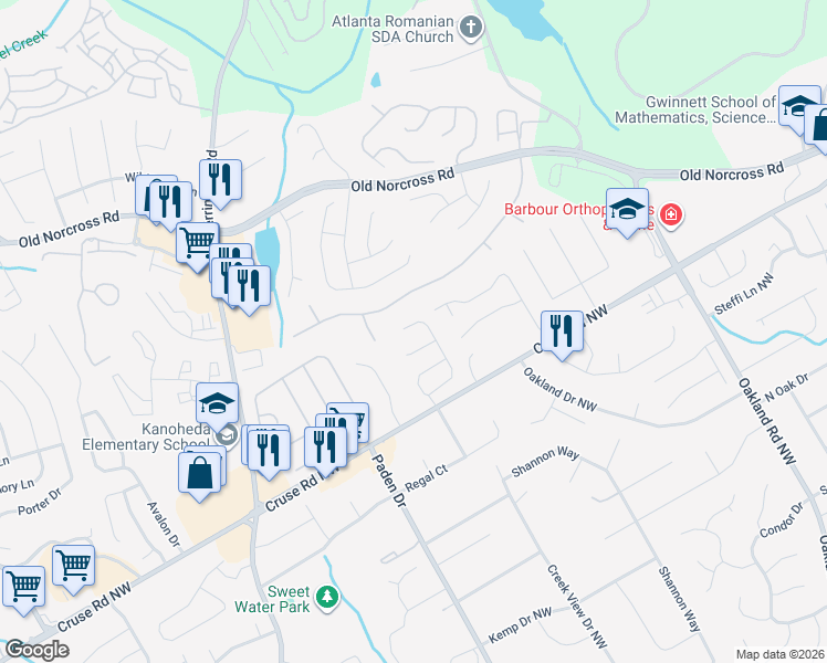 map of restaurants, bars, coffee shops, grocery stores, and more near 2153 Newbury Oaks Drive in Lawrenceville