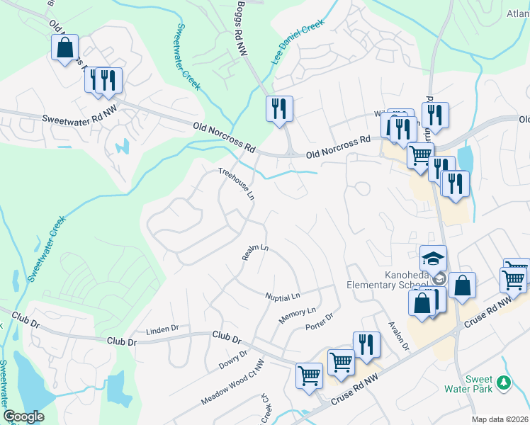 map of restaurants, bars, coffee shops, grocery stores, and more near 2771 Treehouse Lane in Lawrenceville