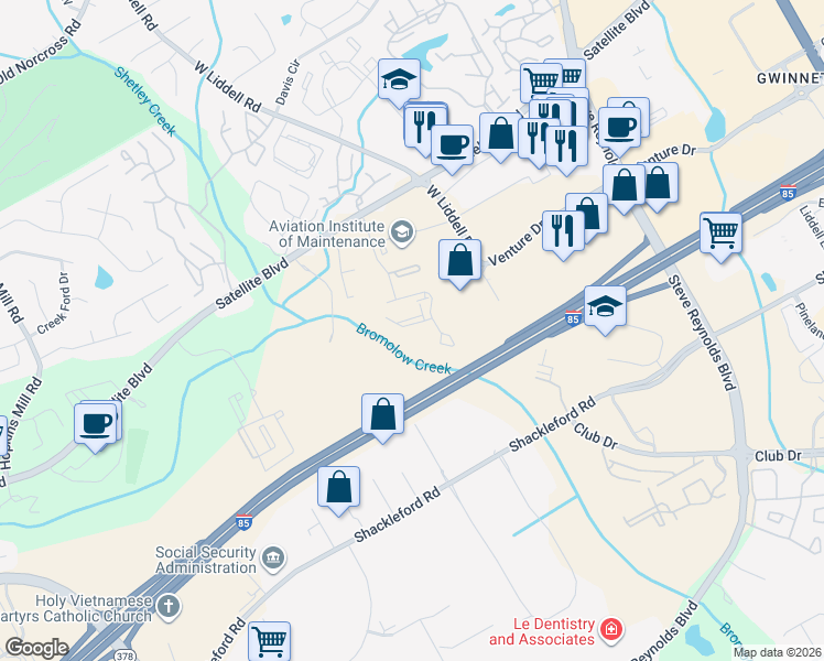 map of restaurants, bars, coffee shops, grocery stores, and more near 2099 Satellite Pointe in Duluth