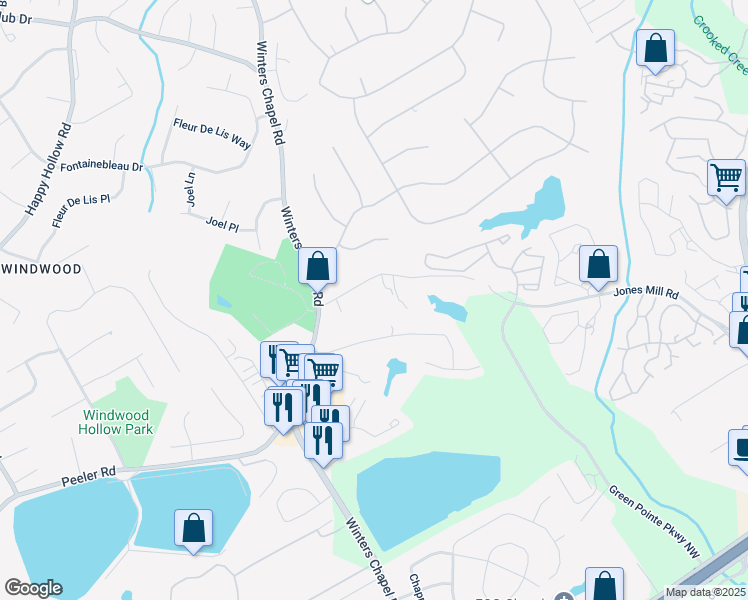 map of restaurants, bars, coffee shops, grocery stores, and more near 2909 Jones Mill Road in Atlanta