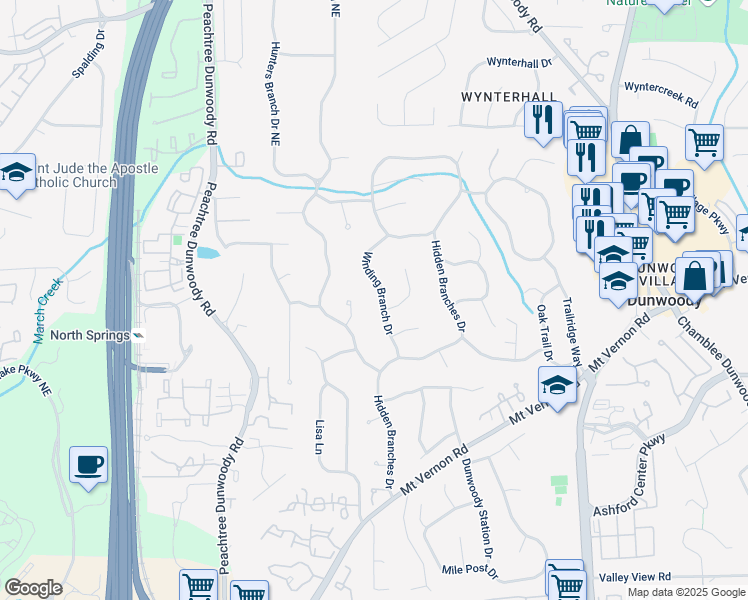 map of restaurants, bars, coffee shops, grocery stores, and more near 5040 Winding Branch Drive in Dunwoody