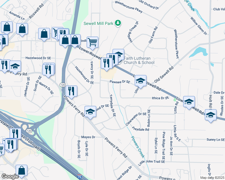 map of restaurants, bars, coffee shops, grocery stores, and more near 227 Terrydale Drive Southeast in Marietta
