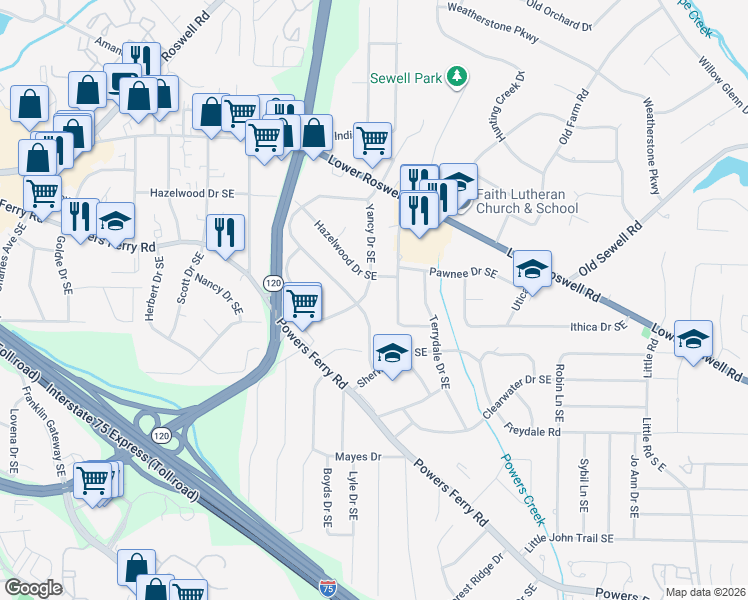 map of restaurants, bars, coffee shops, grocery stores, and more near 206 Yancy Drive Southeast in Marietta