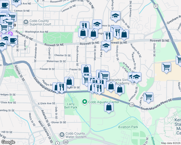 map of restaurants, bars, coffee shops, grocery stores, and more near 591 Frasier Street Southeast in Marietta