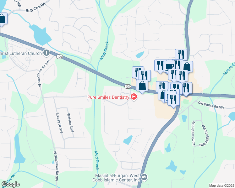 map of restaurants, bars, coffee shops, grocery stores, and more near 2785 Dallas Highway in Marietta