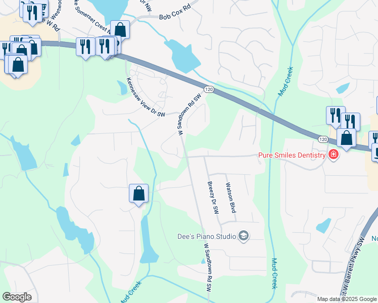 map of restaurants, bars, coffee shops, grocery stores, and more near 3055 Old Dallas Road Southwest in Marietta