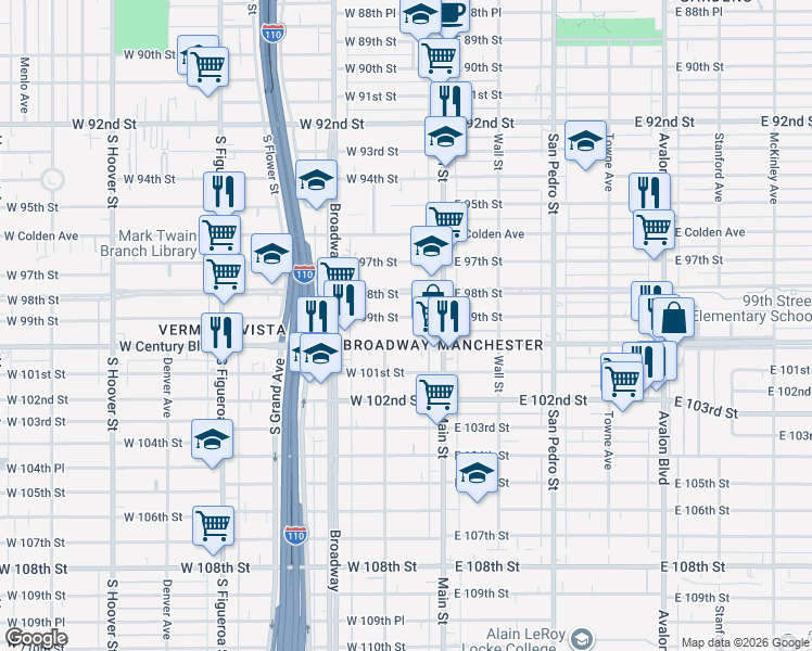 map of restaurants, bars, coffee shops, grocery stores, and more near West 99th Street in Los Angeles