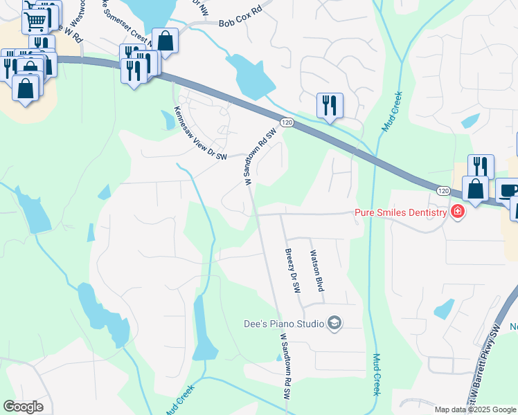 map of restaurants, bars, coffee shops, grocery stores, and more near 3055 Old Dallas Road Southwest in Marietta