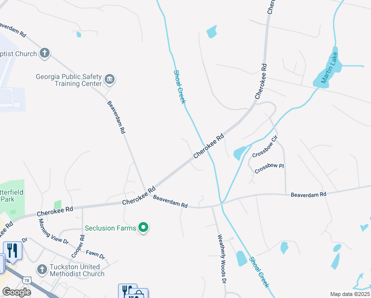 map of restaurants, bars, coffee shops, grocery stores, and more near 145 Evergreen Terrace in Winterville