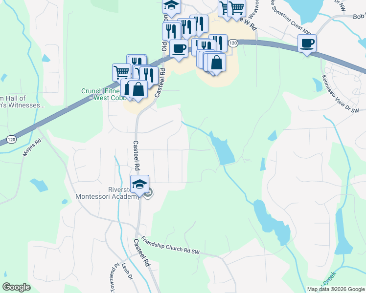 map of restaurants, bars, coffee shops, grocery stores, and more near 3702 Cambridge Drive Southwest in Marietta