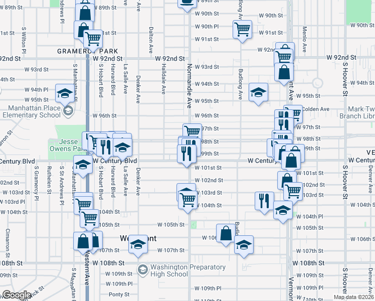 map of restaurants, bars, coffee shops, grocery stores, and more near 9811 Normandie Avenue in Los Angeles