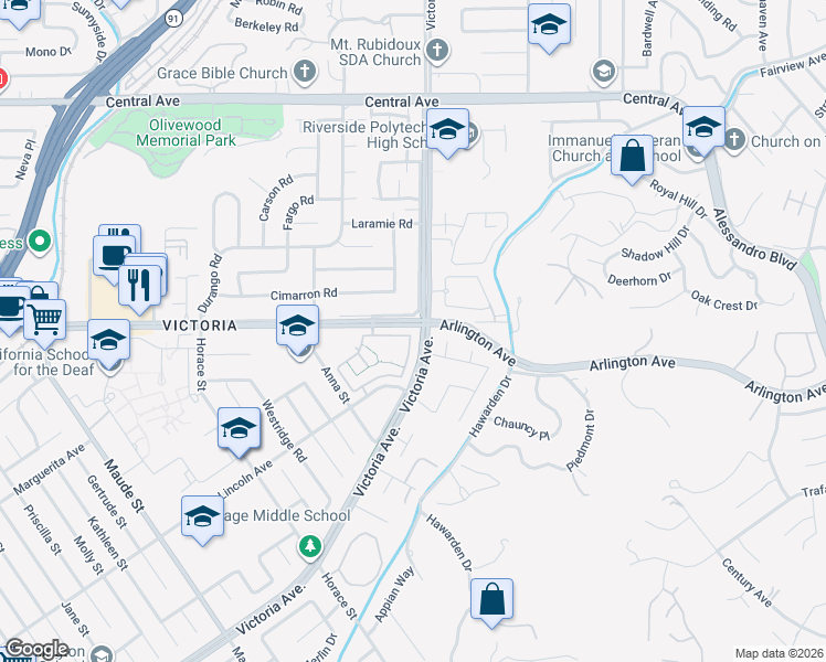 map of restaurants, bars, coffee shops, grocery stores, and more near 5858 Maybrook Circle in Riverside
